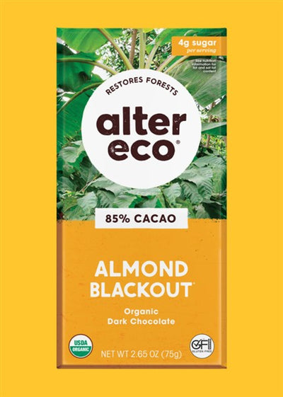 Alter Eco Organic Almond Blackout 85% Cocoa Dark Chocolate, 75 g