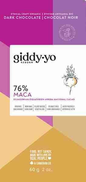 Giddy-Yo Reborn - Maca 76% Dark Chocolate Bar, 60G