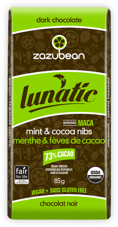 Zazubean Lunatic Mint & Cocoa Nibs Dark Chocolate Bar, 85 g