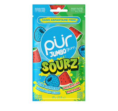 PUR Jumbo Sourz Gum: Blue Raspberry & Watermelon, 20 Pieces