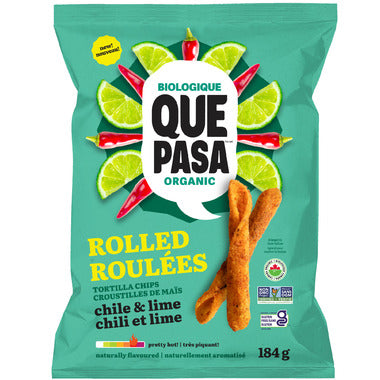 Que Pasa Organic Chile Lime Rolled Tortilla Chips, 184G