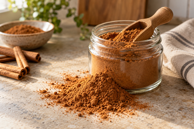Ground cinnamon in a glass refill jar with a wooden scoop and a small spill on a kitchen counter