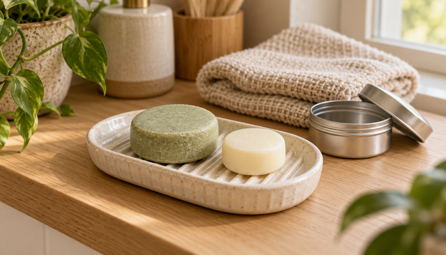 Solid shampoo and conditioner bars on a draining dish beside an open travel tin.