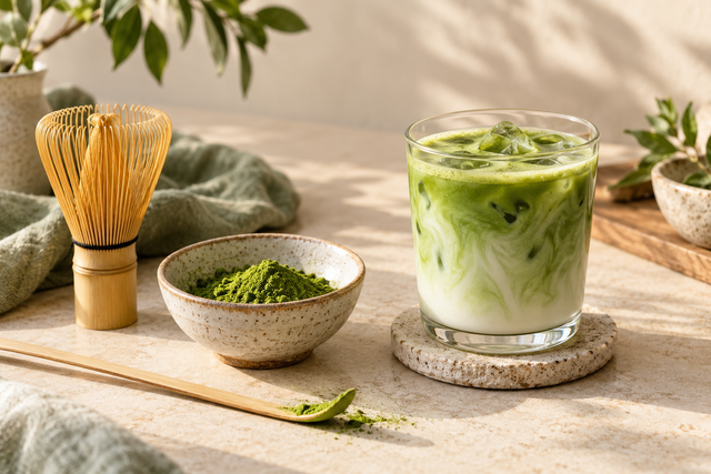 Bamboo matcha whisk, ceramic bowl of green matcha powder and iced matcha latte on a sunlit cream tabletop.