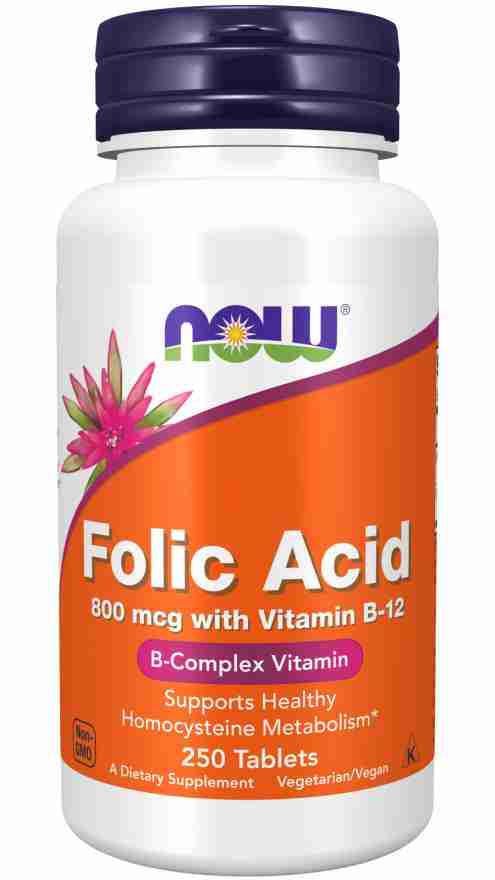 NOW Folic Acid 800 mcg with Vitamin B-12, 250 Tablets