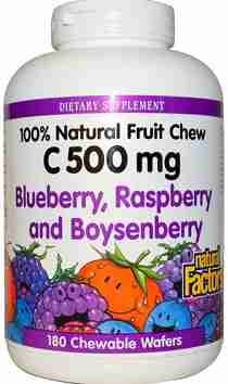Natural Factors Vitamin C 500 Blueberry, Raspberry & Boysenberry Flavour,  90 Chewable Wafers