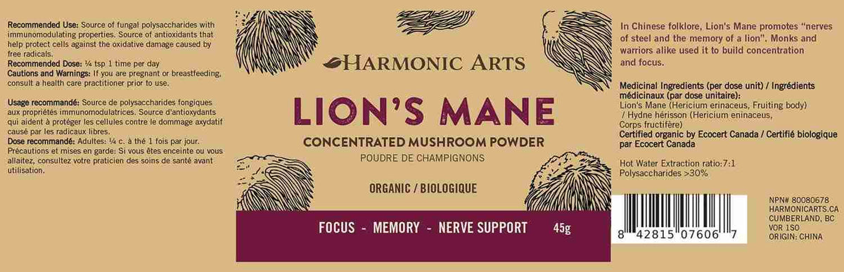 Harmonic Arts - Lions Mane Concentrated Mushroom Powder, 45G