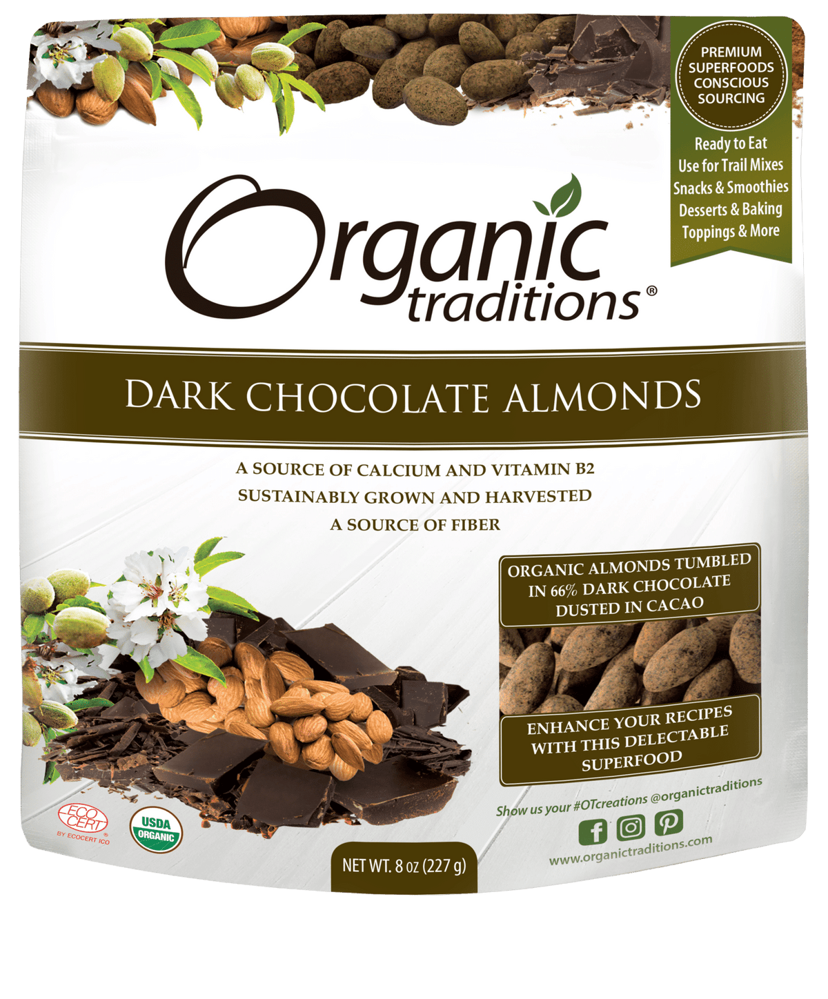 Organic Traditions Dark Chocolate Almonds, 227 g