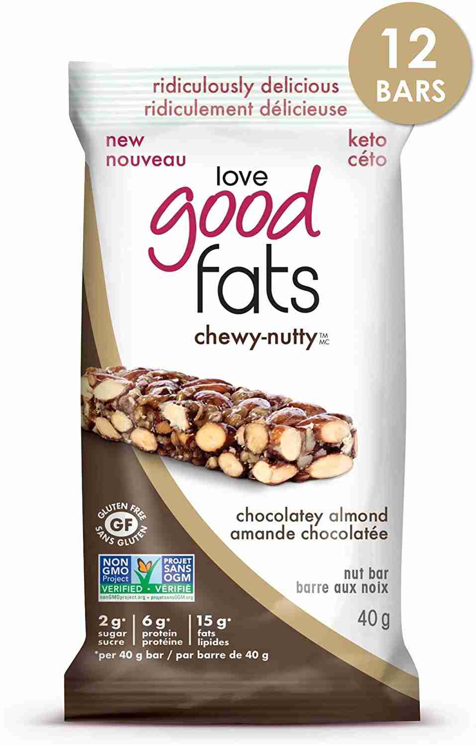 Love Good Fats Chewy-Nutty Keto Bars: Chocolatey Almond - 12X40g (480G)