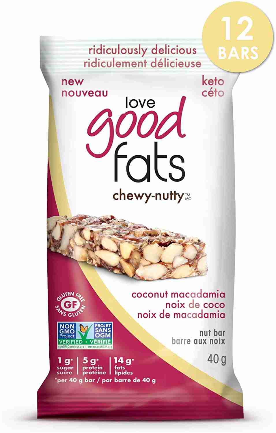 Love Good Fats Chewy-Nutty Keto Bars: Coconut Macadamia - 12X40g (480G)