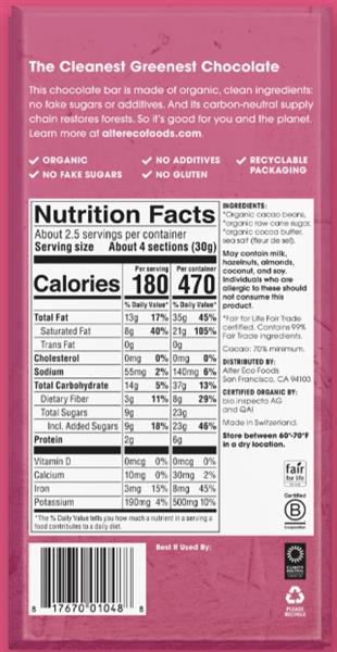Alter Eco Organic Sea Salt 70% Cacao Dark Chocolate, 80 g