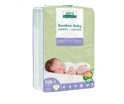 Aleva Naturals Bamboo Baby Diapers Newborn - 1, 32Ct