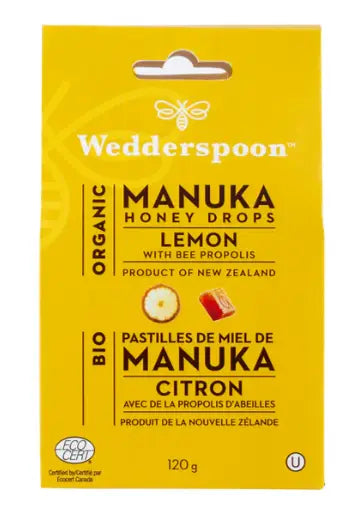 Wedderspoon Organic Manuka Honey Drops, Lemon, 120 g