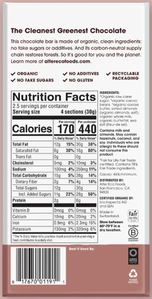 Alter Eco Organic Grass Fed Milk Chocolate with Salted Almonds, 75 g