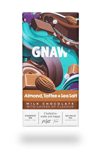 Gnaw Almond, Toffee + Sea Salt Milk Chocolate Bar, 80G