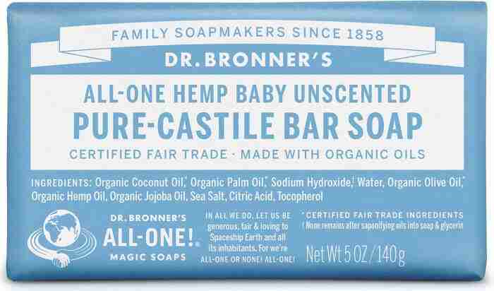 Dr Bronner's Castile Soap Bar: Unscented - 140G