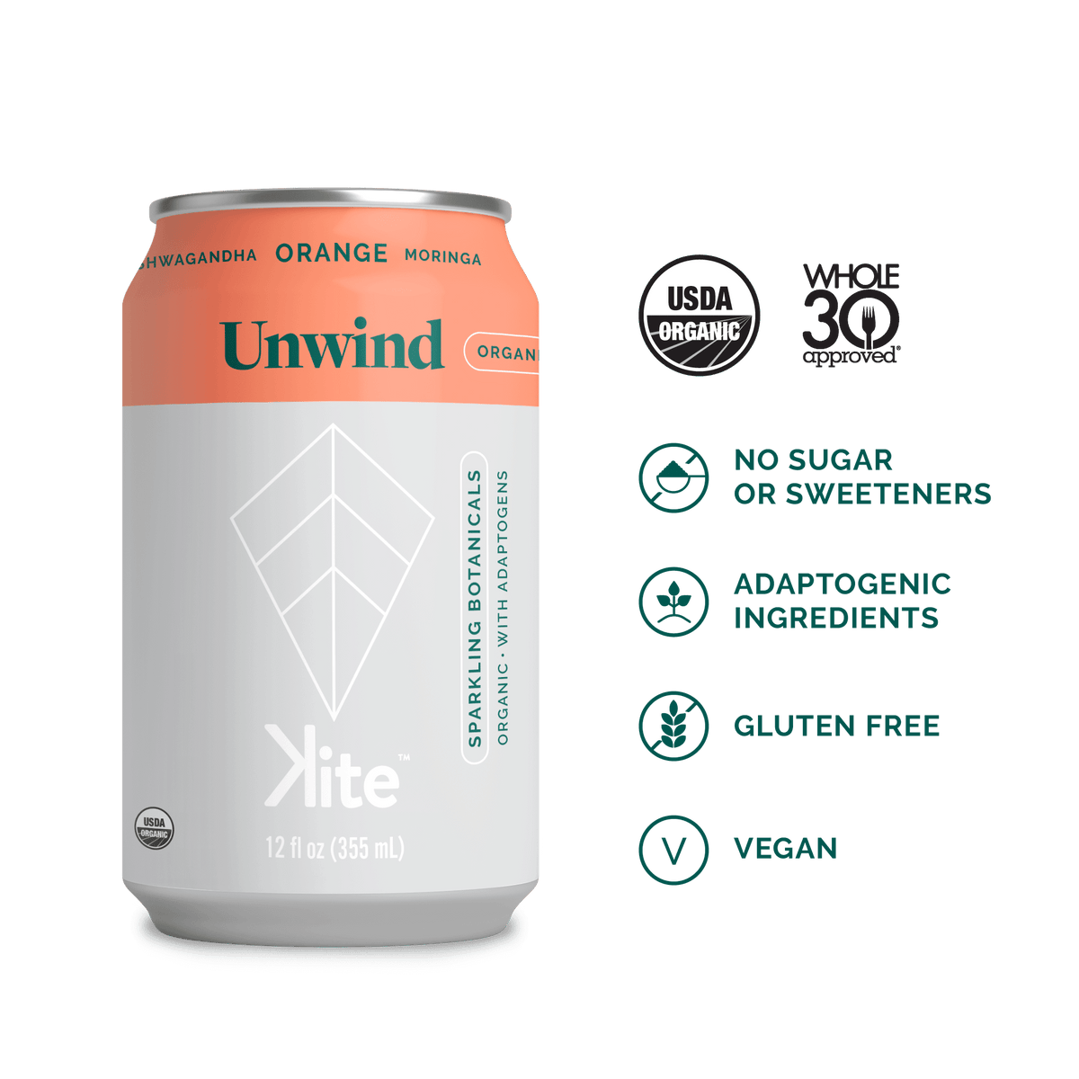 Kite, Unwind Orange Ashwagandha & Moringa Sparkling Botanicals, 355Ml