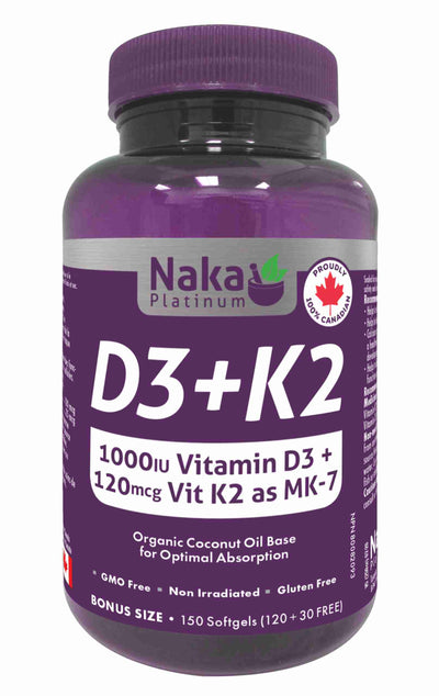 NAKA Platinum Vitamin D3 + K2 1000IU + 120Mcg - 120 Sgels + 30 BONUS
