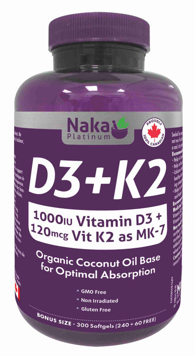 NAKA Platinum D + K2 (MK-7) 1000IU + 100Mcg - 240 Softgels +60 BONUS