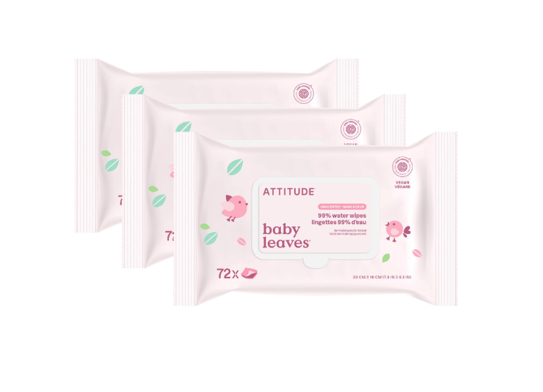 Attitude Living - Baby Leaves 99% Water Wipes Unscented, 3X72ct