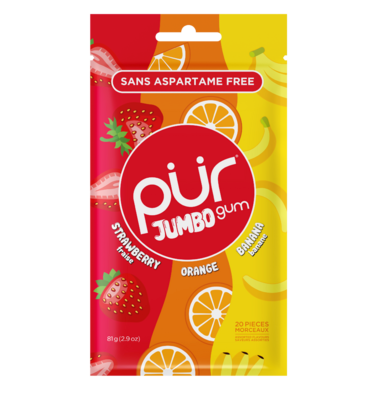PUR Jumbo Gum Strawberry, Orange & Banana, 20 Pieces