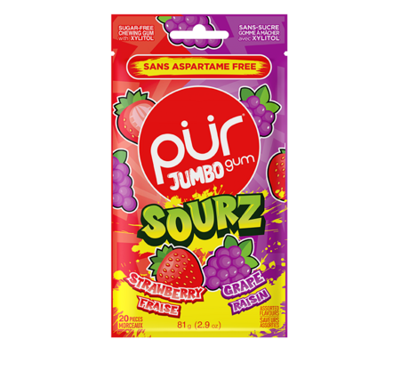 Pur Gum - Jumbo Gum Sourz Strawberry & Grape, 20Pc