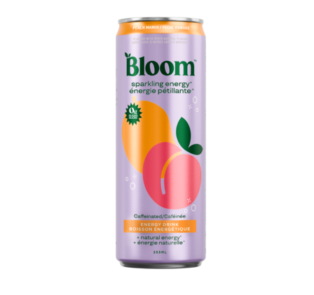 Bloom Sparkling Energy Drink, Peach Mango, 355 mL