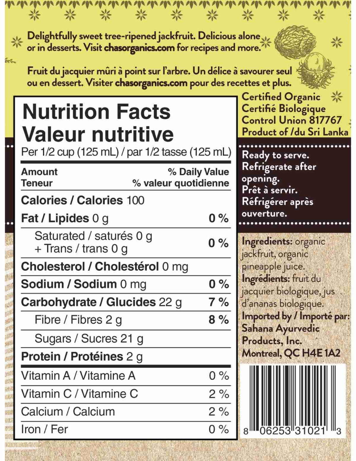 Cha's Organics, Sweet Jackfruit In Juice, 400Ml