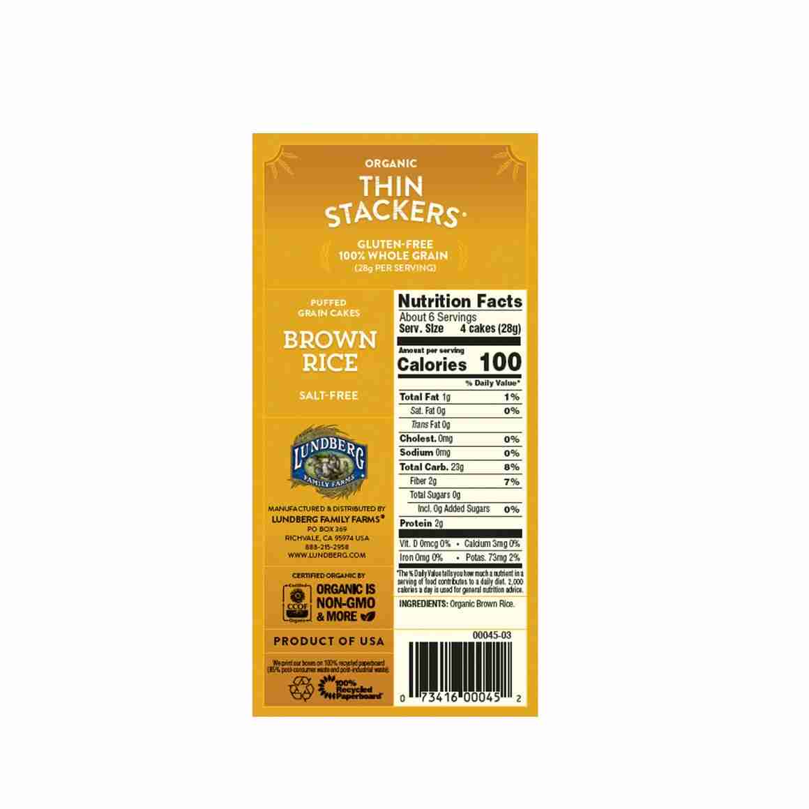 Lundberg Organic Thin Stackers Brown Rice Salt Free, 168 g