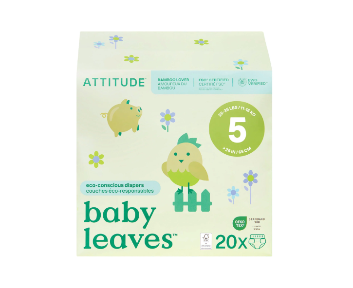 Attitude Living - Baby Leaves Eco Conscious Diapers Size 5, 20Ct