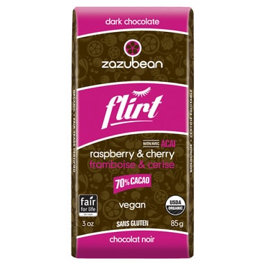 Zazubean Flirt Raspberry & Cherry Dark Chocolate Bar