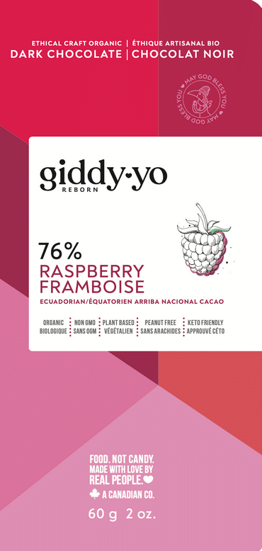 Giddy-Yo Reborn - Raspberry 76% Dark Chocolate Bar, 60G